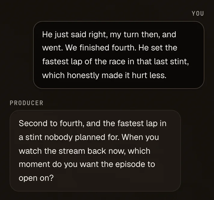 The creator's answer about how the race ended, and the producer's next question: which moment the episode should open on